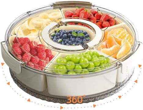 Divided Serving Tray with Lid and Handle, Stackable Snackle Box Container for Fruits Candy Organizer, Portable Spinning Rounded Veggie Tray for Kitchen, Party, Trave and Picnic-1 PACK