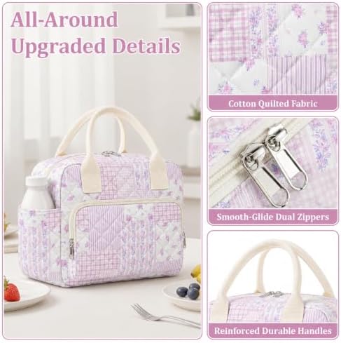 WOBAGMEN Quilted Lunch Box for Women,Large Floral Insulated Lunch Bag with Multiple Pockets,Adjustable Strap,Reusable Lunch Tote Box for Work Picnic Travel (Purple Floral Patchwork, M)