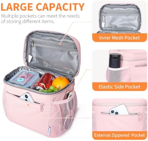NOL Insulated Lunch Bag for Women Men Adults, Reusable Lunch Tote with Adjustable Shoulder Strap, Leakproof Thermal Food Cooler Bag with Front Pocket and Side Mesh Pockets for Work Travel, Pink
