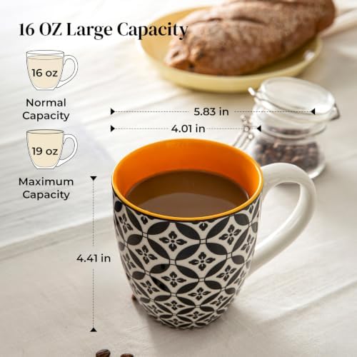 DOWAN 16 OZ Boho-Mosaic Coffee Mugs Set of 6, Large Ceramic Coffee Mugs with Handle, Bohemian Home Decor Gift Set for Housewarming, Wedding & Birthday