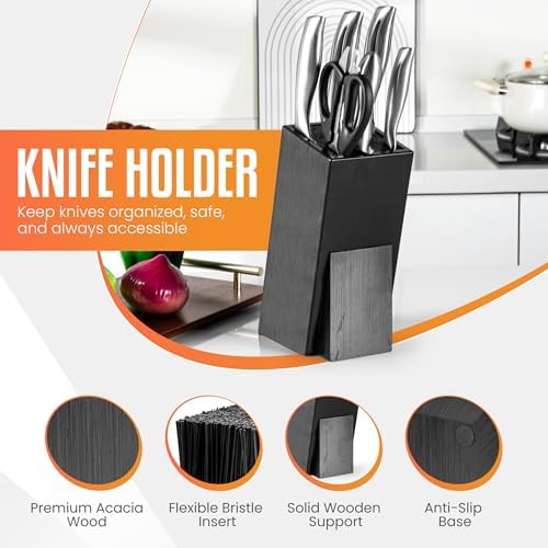 Acacia Wood Angled Knife Block with Multi-Purpose Holder – Universal Kitchen Knife Storage with Removable Bristle Insert (black bamboo, small)
