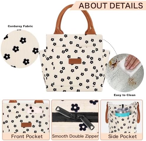 Joymee Lunch Bag Women Insulated Corduroy Reusable - Black Floral