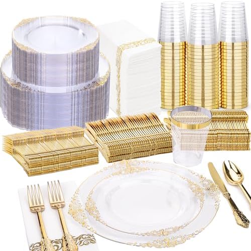 Nervure 350Pcs Clear Gold Plastic Plates, Dinnerware Sets for 50 Guests