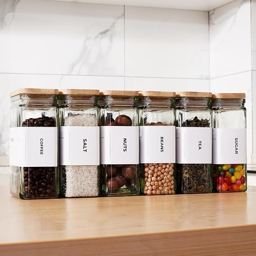 APT 1101 Glass Storage Jars with Bamboo Lid, glass canisters with airtight lids, Clear jars with lids for Spice, Cookie, Candy, Tea, Coffee Bean and Rice (White, 26 oz, Set of 6)