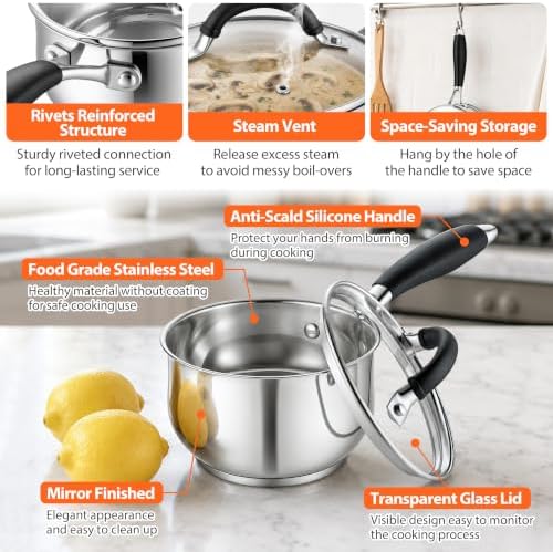 TeamFar Sauce Pan, 1 Quart Stainless Steel Saucepan with Lid