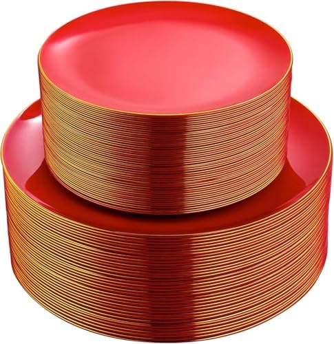 PULOTE 100PCS Red Plastic Plates Disposable Heavy Duty - Include 50 Dinner / 50 Dessert Plates for Party & Christmas