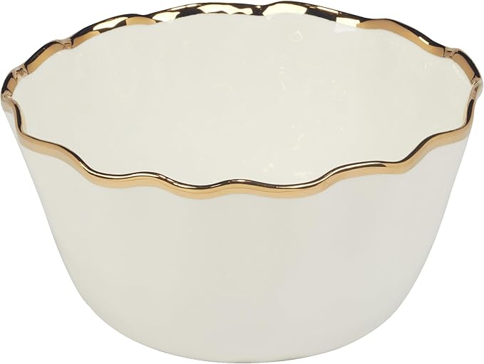 Regency Gold Porcelain Deep Bowl with Scalloped Edges & Metallic Gold Rim, 10.25x5.5in 144 oz, Elegant Serving Bowl for Salads, Pasta, Side Dishes, Durable Dinnerware for Holiday Gatherings & Everyday