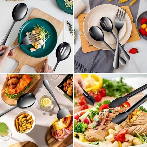 14PCS Serving Utensils - Hostess Serving Utensils Set, Premium Stainless Steel 8.7 inch Serving Utensils, Slotted Spoons, Forks, Tongs, Cake Pie Server for Buffet, Wedding, Dinner (Black)
