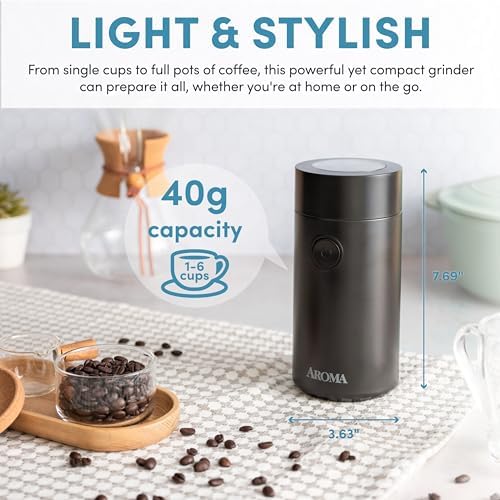 Aroma Housewares Mini Coffee Grinder and Electric Herb Grinder with 304 Stainless Steel Grinding Blades and a Premium Clear Lid (40 g.), Black