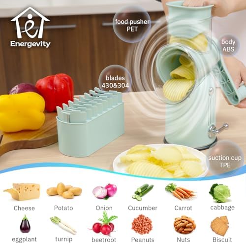 ENERGEVITY Hand Crank Rotary Cheese Grater, 5-in-1 Vegetable Slicer (Green)