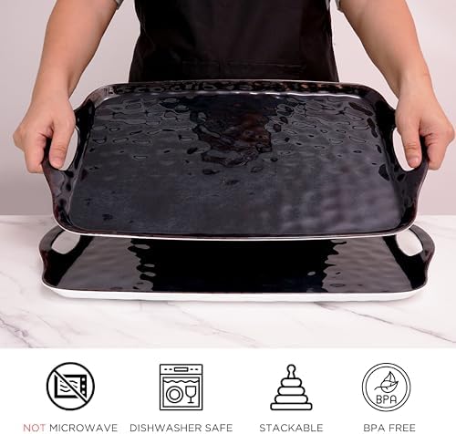 TP Melamine Serving Trays with Handles, 17” x 12”, Set of 2, Retro Black