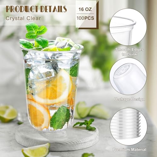 KesaPlan 100 Pcs 16oz Plastic Clear Cups, Disposable Wine Cocktail Glasses
