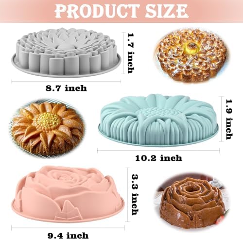 Sakolla 3 Pack Flower Shape Silicone Cake Molds, Large Round Silicone Molds for Baking Cake, Breads, Pies, Tarts (Rose, Chrysanthemum, Sunflower)