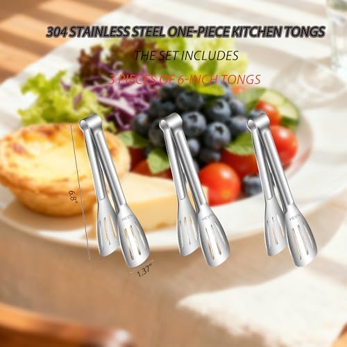 Stainless Steel Kitchen Tong Set - Anti-Slip Heat-Resistant Grip, Widened 3-Line Slotted Heads for Easy Clamping (Steaks, BBQ, Pasta, Salads), Easy Clean for Versatile Use Set of 3-6", Silver