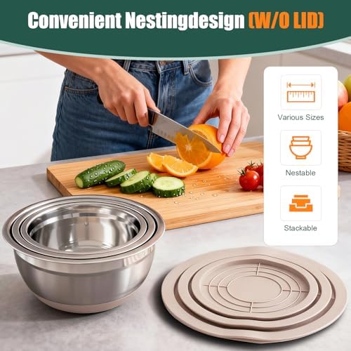 Stainless Steel Mixing Bowls Set with Lids & Silicone Base,7‑Piece Set