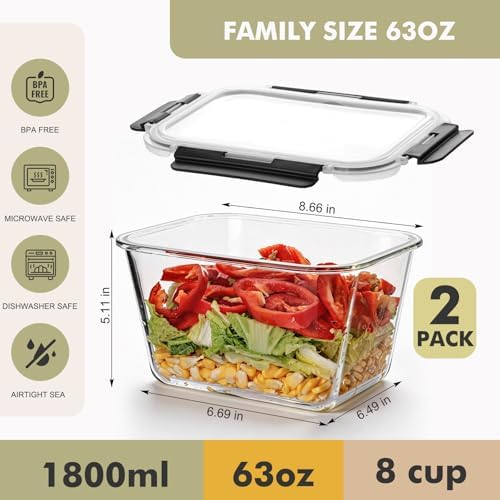 Liuruiyu 2 Pack Large Glass Food Storage Containers with Lids, 63oz Big Meal Prep Containers, Airtight Bento Boxes with Leak Proof Locking for Microwave, Oven, Freezer and Dishwasher, BPA Free
