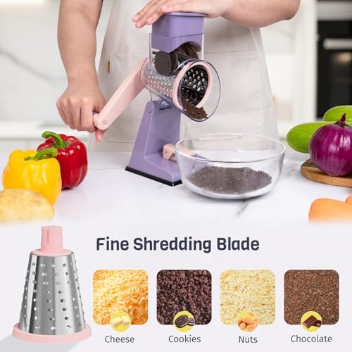 Upgraded Rotary Cheese Grater with 3 Interchangeable Stainless Steel Drums, One-Press Powerful Suction Manual Vegetable Shredder&Slicer for Kitchen, 15pcs Storage Bags Included, Pinkish Purple