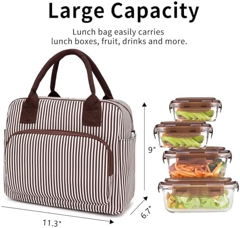 Lunch Bag Women Lunch Box for Women Adult Cute Insulated Lunch Bag Lager Cooler Lunch Tote Bags for Work Picnic (Coffee Stripes)