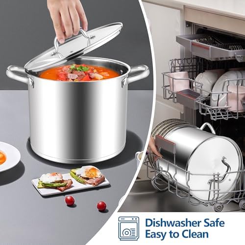E-far 12 Quart Cooking Stock Pot, Large Stainless Steel Pot for Canning Simmering Stewing, Heavy Duty Cookware with Tri-ply Base for Induction Gas Stoves, Soup Pots with Glass Lid, Dishwasher Safe