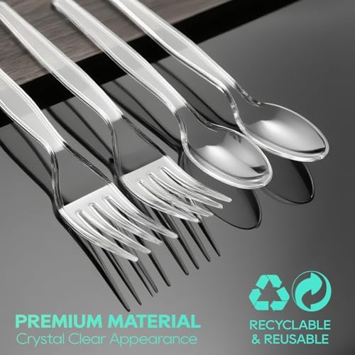 FOCUSLINE 540 Count Heavy Duty Clear Plastic Forks and Spoons Set