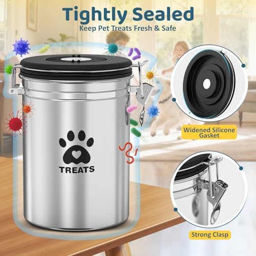 ENONCI Airtight Dog Treat Canister, 304 Stainless Steel Food Storage Jar with Date Dial Silver-1.8L