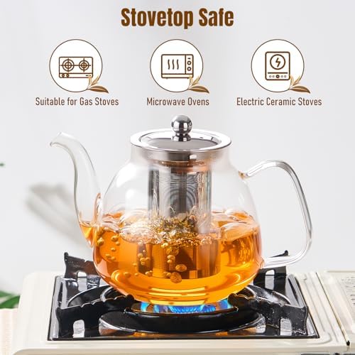 PARACITY Tea Pot with Infuser and Lid, 40 oz Stovetop Glass Kettle, Clear