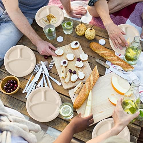 ECOLipak Compostable Disposable 3 Compartment Paper Plates, 9 inch, Nature