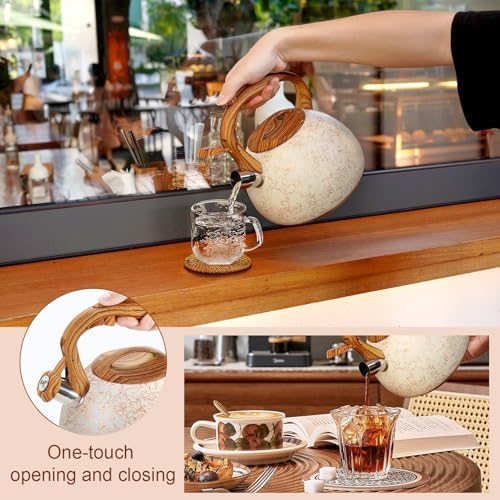 GGC Tea Kettle for Stove Top, Loud Whistling Kettle for Boiling Water Coffee or Milk, 3.1 Quart Stainless Steel Art Line White Pot with Wood Pattern Handle, Unique Button Control Outlet