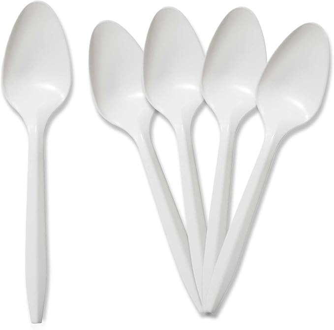 PAMI 400-Pack Medium Weight Disposable Plastic Teaspoons, Bulk Utensils for Parties, Weddings, Catering, Plastic Forks in Bulk Available (Teaspoons White)