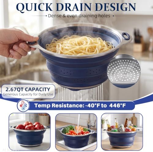 Collapsible Colander Set with Silicone Mat,2-in-1 Stainless Steel Colander for Kitchen, Foldable Metal Colander, Space-Saving for Pasta Veggies Fruit(NAVY BLUE)