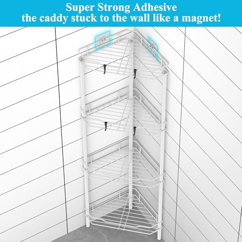 HuggieGems Metal Floor Standing Corner Shower Caddy, White, 4 Tier