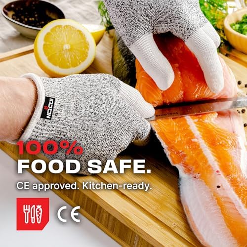 NoCry Cut Resistant Work Gloves for Women and Men, with Reinforced Fingers; Comfortable, 100% Food Grade Kitchen Cooking Hand Protection; Ambidextrous Safety Gear for Cutting; Level 5 Protection