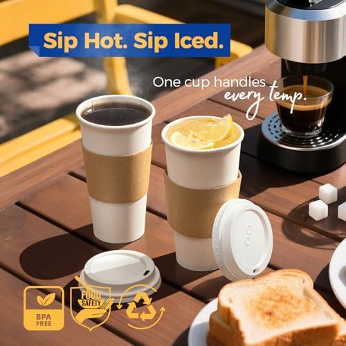 Fit Meal Prep 50 Pack 20 oz Disposable Coffee Cups with Lids, Sleeves, Leak-Proof To Go Coffee Cups with Lids, Durable Hot Paper Cups for Home, Office, Party, Business