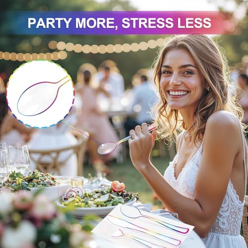 WDF 180 PCS Rainbow Plastic Silverware - Clear Colorful Cutlery Disposable Heavy Duty Include 60 Forks, 60 Knives and 60 Spoons - Colorful Disposable Utensils for Trolls Party/Birthday Party/Wedding