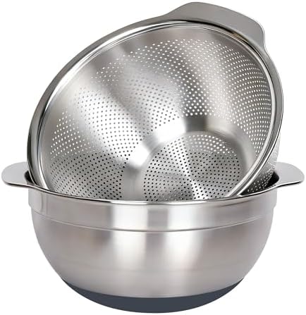 304 Stainless Steel Colander and Strainer, 5QT Large Capacity and 6QT Mixing Bowl, Micropore for Washing Rice, Fruit, and Cooked Pasta, Perfect Draining for Grain and Bean