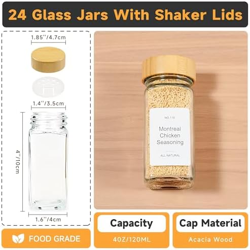 Bamboo Magnetic Spice Rack for Refrigerator, Space Saving Complete Set with 24 Bamboo Lid Glass Jars, 216 Waterproof Labels & Steel Funnel, Fridge Spice Organizer, 11.6" W x 2.4" D x 3.2" H
