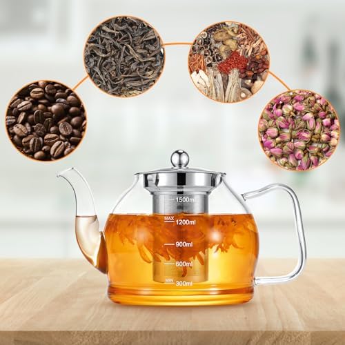 STNTUS Glass Teapot, 52 oz/1500 ml for Loose Tea, Teapot with Infusers for Loose Tea, Stainless Steel Strainer, Tea Pot for Stove
