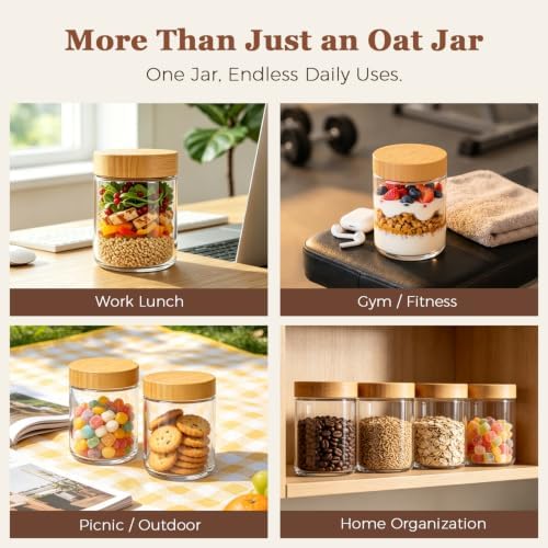 ComSaf Overnight Oats Containers with Lids 16 oz, Small Glass Jars 4 Pack