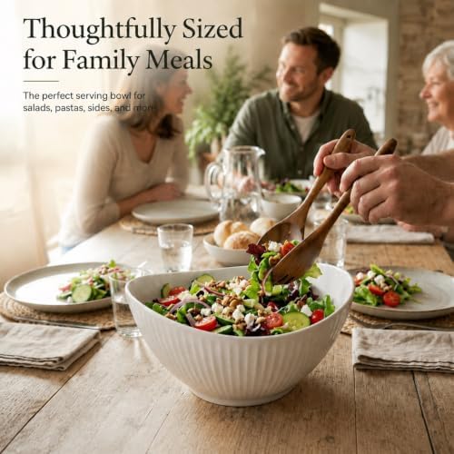 60oz Large Ceramic Salad Bowl with Acacia Wood Utensils, 10" Oval White Serving Bowl for Soup, Pasta, Fruit, Snacks – Mixing Bowls for Entertaining, Party, Kitchen, Dinner – Housewarming Gift