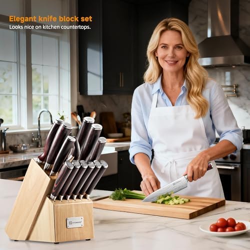 KEEMAKE 14 Pcs Kitchen Knife Set with Block, Ultra Sharp Knife Block Set
