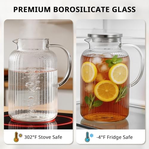 Bivvclaz 1 Gallon Glass Pitcher with Lid and Handle, Stripes Water Pitcher for Fridge, Borosilicate Glass Carafe for Hot/Cold Drink, Extra Large Jug for Iced Tea, Coffee, Juice, Homemade Beverage