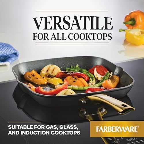 Farberware Forged Induction Ceramic Cookware Nonstick Square Grill Pan/Griddle Pan, Dishwasher Safe, Suitable for All Stovetops, 11 Inch - Black and Gold