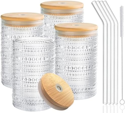 Hobnail Drinking Glasses with Bamboo Lids and Glass Straw 4Pcs Set - 14oz Vintage Glass Cups, Water Glasses, Iced Coffee Glasses, Cute Tumbler Cup, Ideal for Cocktail, Whiskey, Gift - Cleaning Brushes