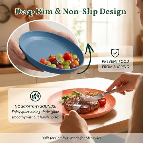 Homienly Deep Dessert Plates Unbreakable Wheat Straw Dinner Plates 8 PCS Microwave & Dishwasher Safe Plates Sets for Kitchen, Camping, Reusable Plastic Plates for Kids, Appetizer (Colorful, 8 inch)