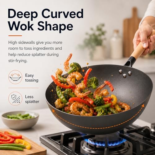 12.6" Carbon Steel Wok Pan, Flat Bottom Stir Fry Wok with Spiral Thread Interior, Coating‑Free Naturally Seasoning Wok, Compatible with Gas, Electric & Induction Cooktops