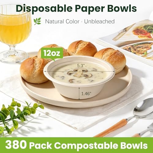Dynta 380 Pack 12 oz Compostable Paper Bowls, Small Disposable Bowls