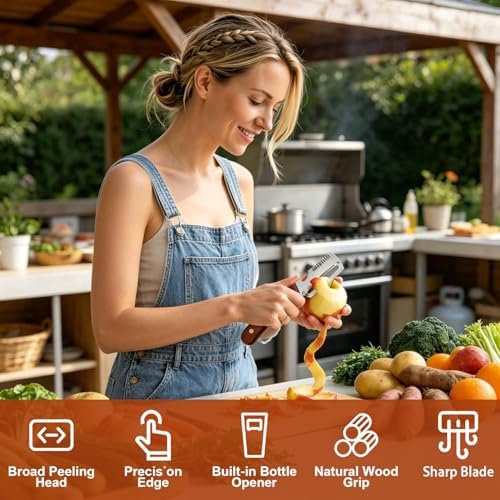 2 Pcs Multi-Functional Vegetable Peeler, Stainless Steel Thickened Fruit Peeler Knife with Wooden Handle & Bottle Opener, 2-in-1/3-in-1 Kitchen Tool for Home Cooking