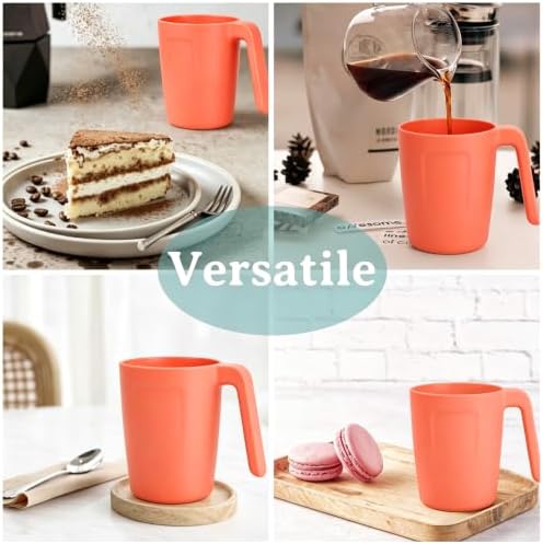 Wrova 16oz Wheat Straw Cups with handles set of 6-Plastic Cups Reusable-Unbreakable Kids Mugs-Dishwasher Safe & Microwave Safe-Ideal Plastic Mugs for Tea,Coffee,Camping,RV-Orange