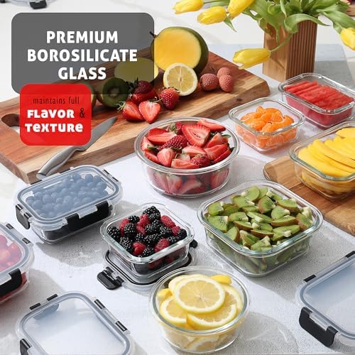 EATEX 16pc Glass Food Storage Containers with Lids, Airtight Glass Meal Prep Containers, 8 Reusable Food Containers with 8 Leakproof Snap Lock Lids, Oven Microwave Freezer Safe Lunch