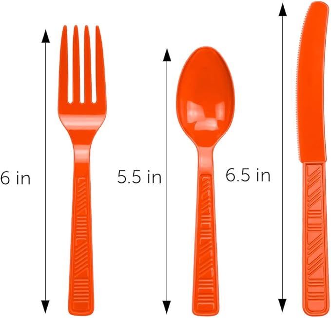 DecorRack Plastic Cutlery Set, Orange Colored Plastic Silverware Sets for Parties, 96 Piece Bulk Heavy Duty Utensils (Orange, 96 Pieces)